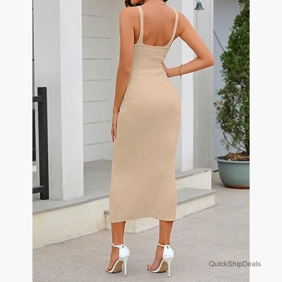 Viscose Polyamide Ribbed Knit Bodycon Midi Dress V Neck Sleeveless - Picture 4 of 7